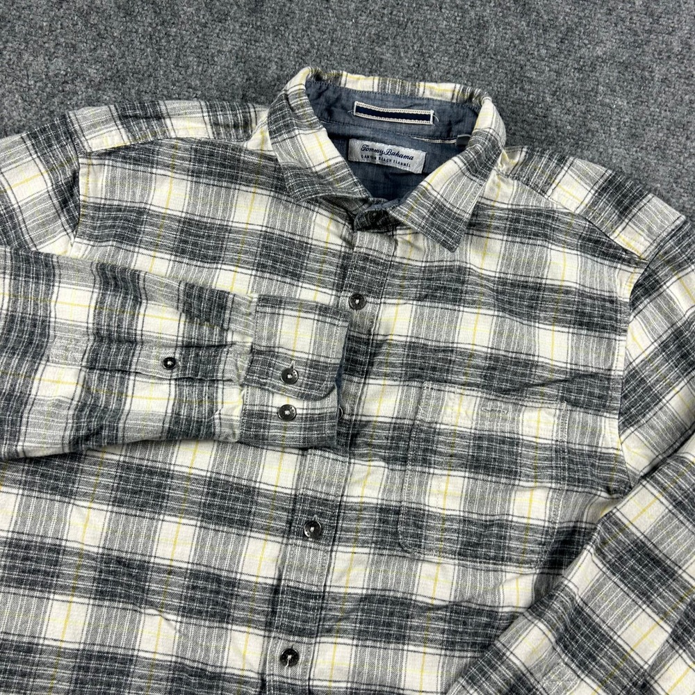 Tommy Bahama Canyon Beach Flannel Mens Large Grey Yellow Plaid Cotton Tencel